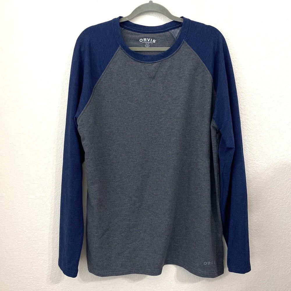 Orvis Shirt Mens Large Raglan Pullover Gray Blue Crew Neck
